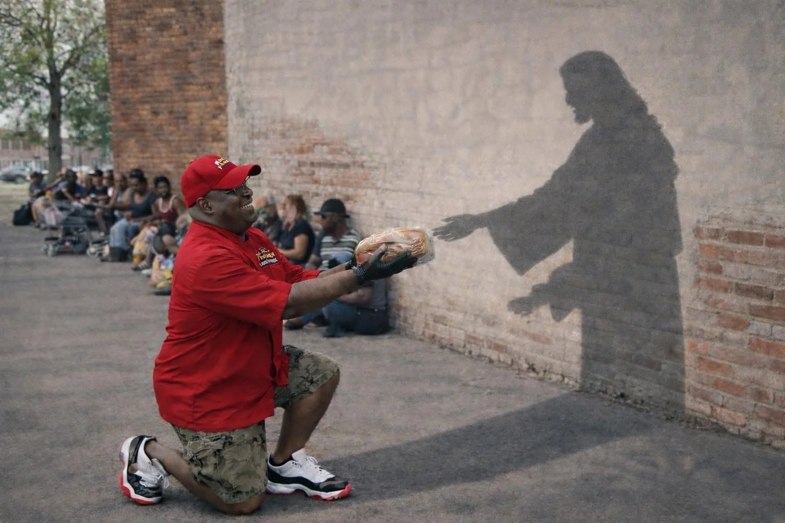 Michael Airhart offering bread in a symbolic community-service portrait