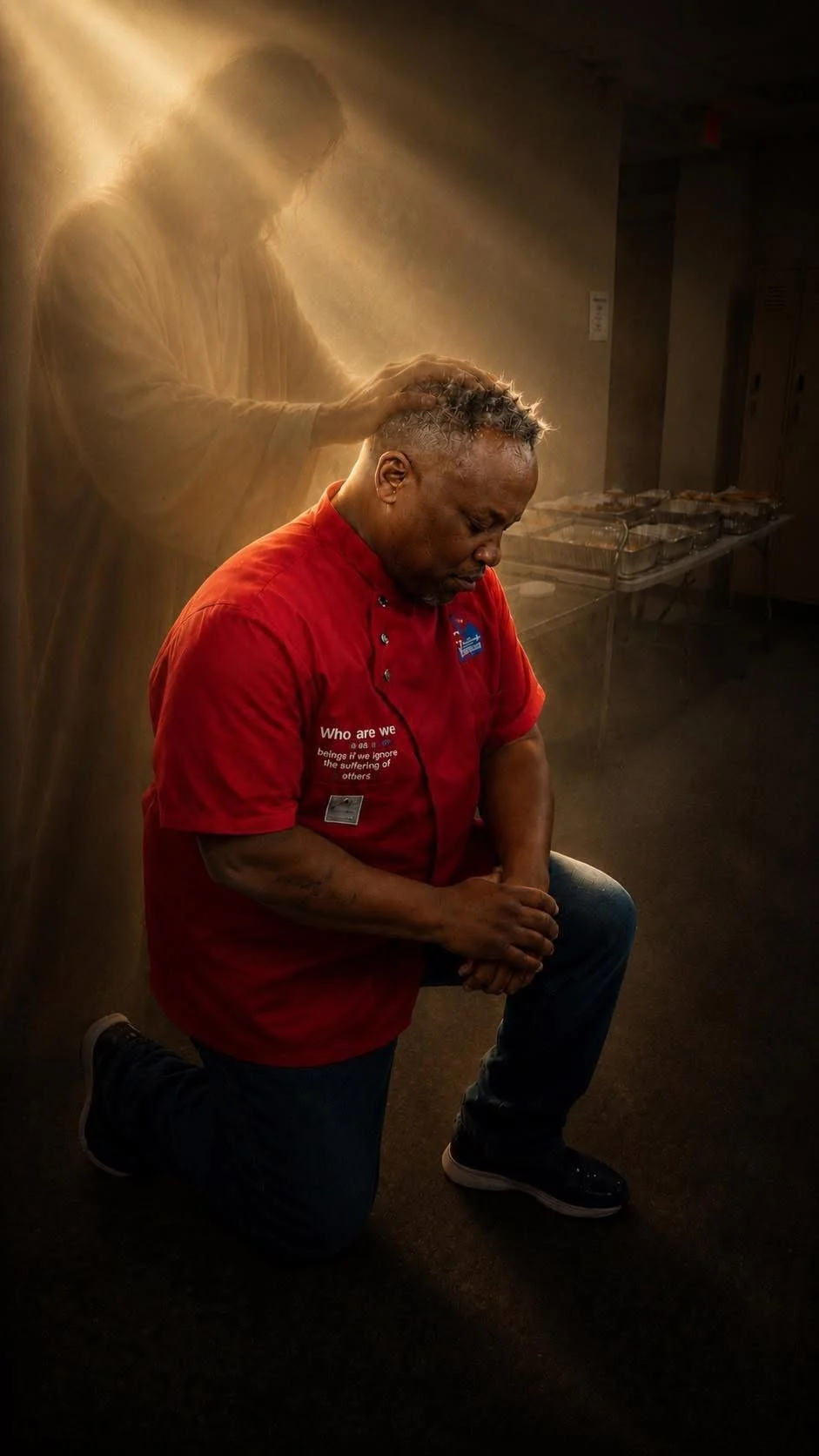 Michael Airhart kneeling in a prayerful portrait