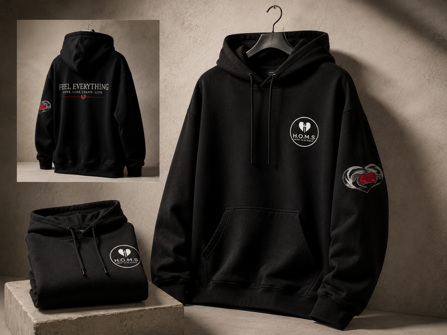 Editorial board showing H.O.M.S. hoodie front and back