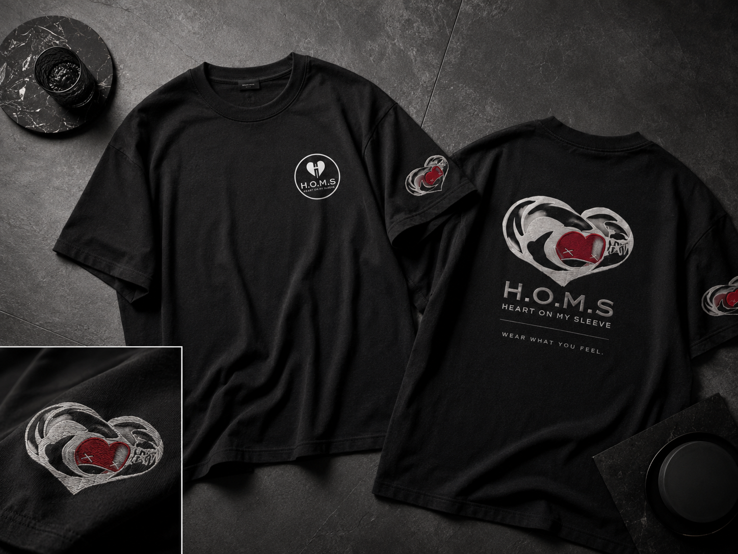 H.O.M.S. t-shirt flatlay front and back