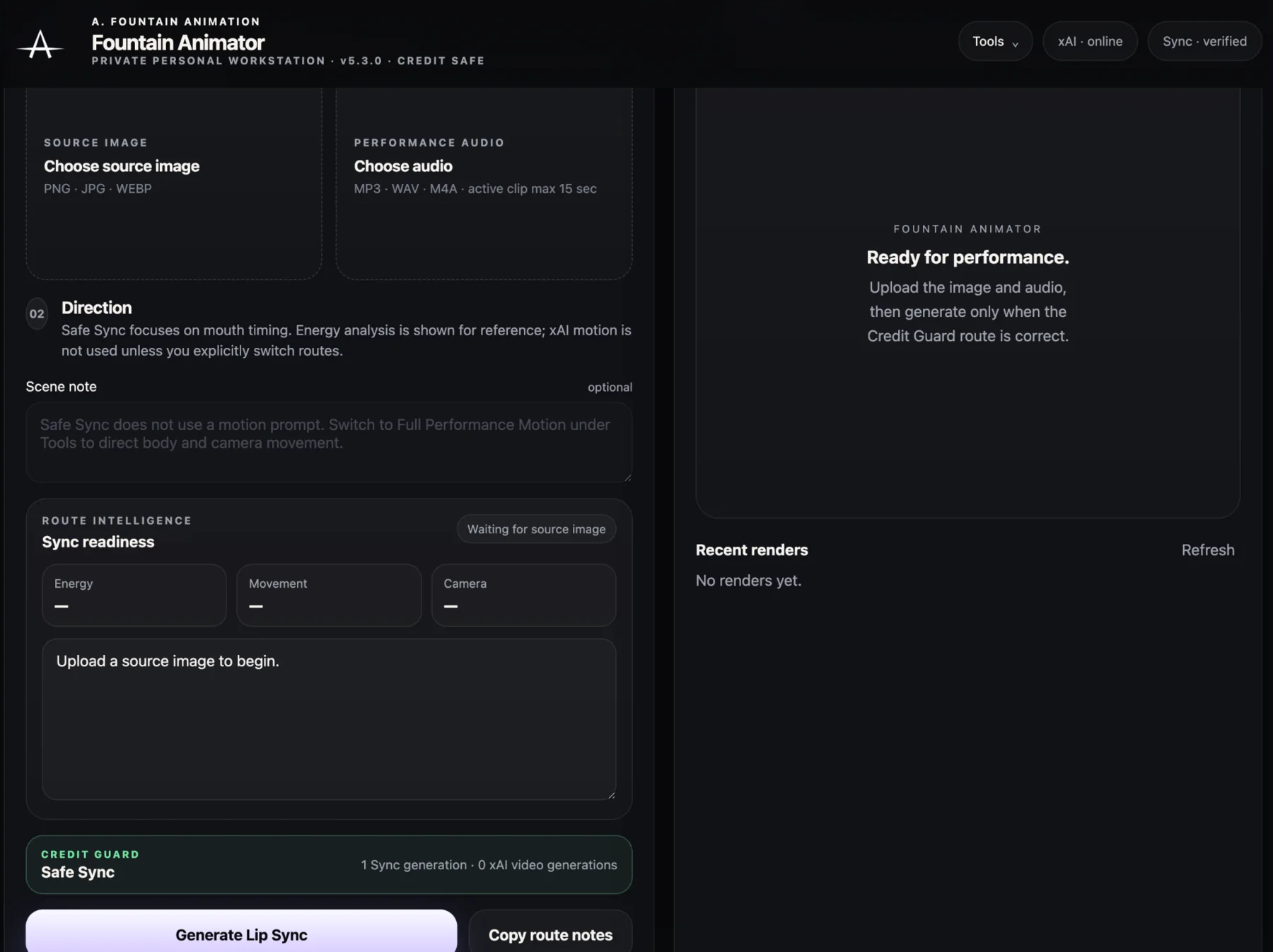 Fountain Animator Safe Sync interface
